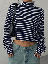 Striped Turtleneck Long Sleeve T-Shirt Black OutfitFlow